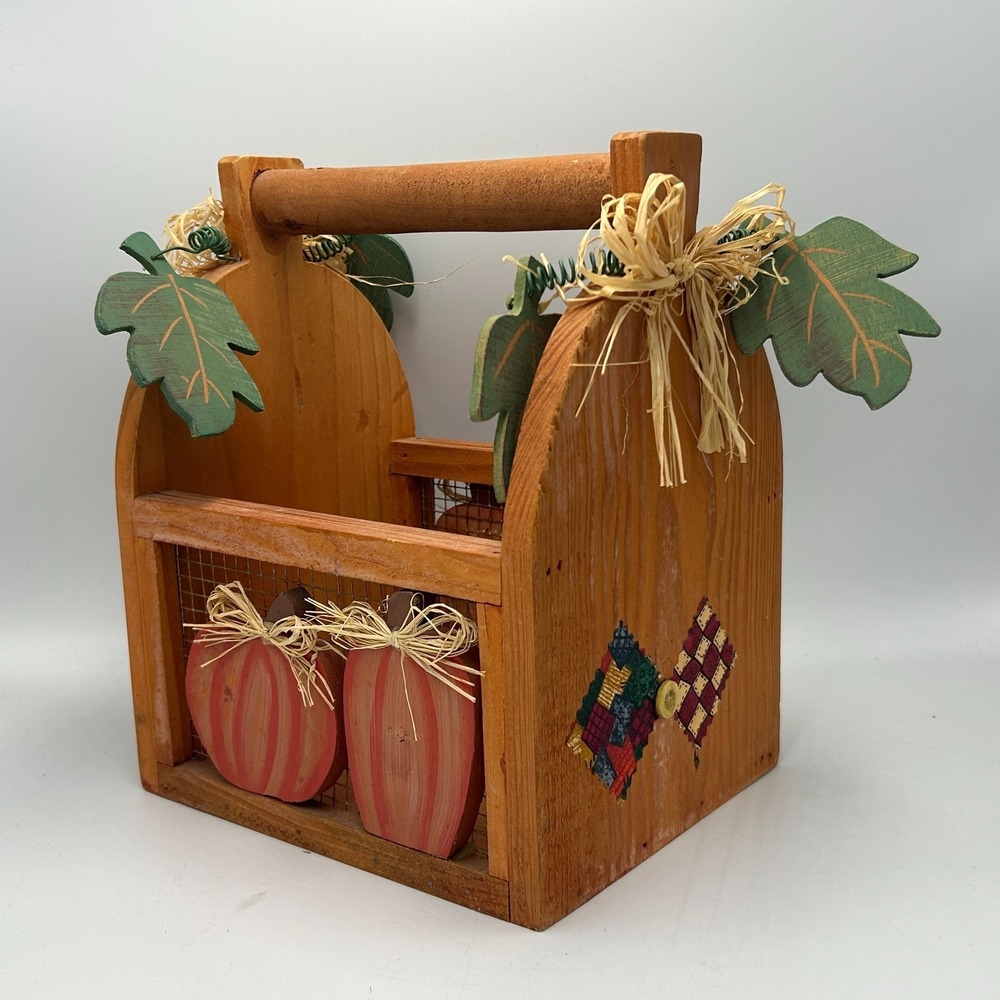 Wooden Wire Basket Country Farm Cottage Pumpkin Fall Autumn Leaves Rafia Chicken